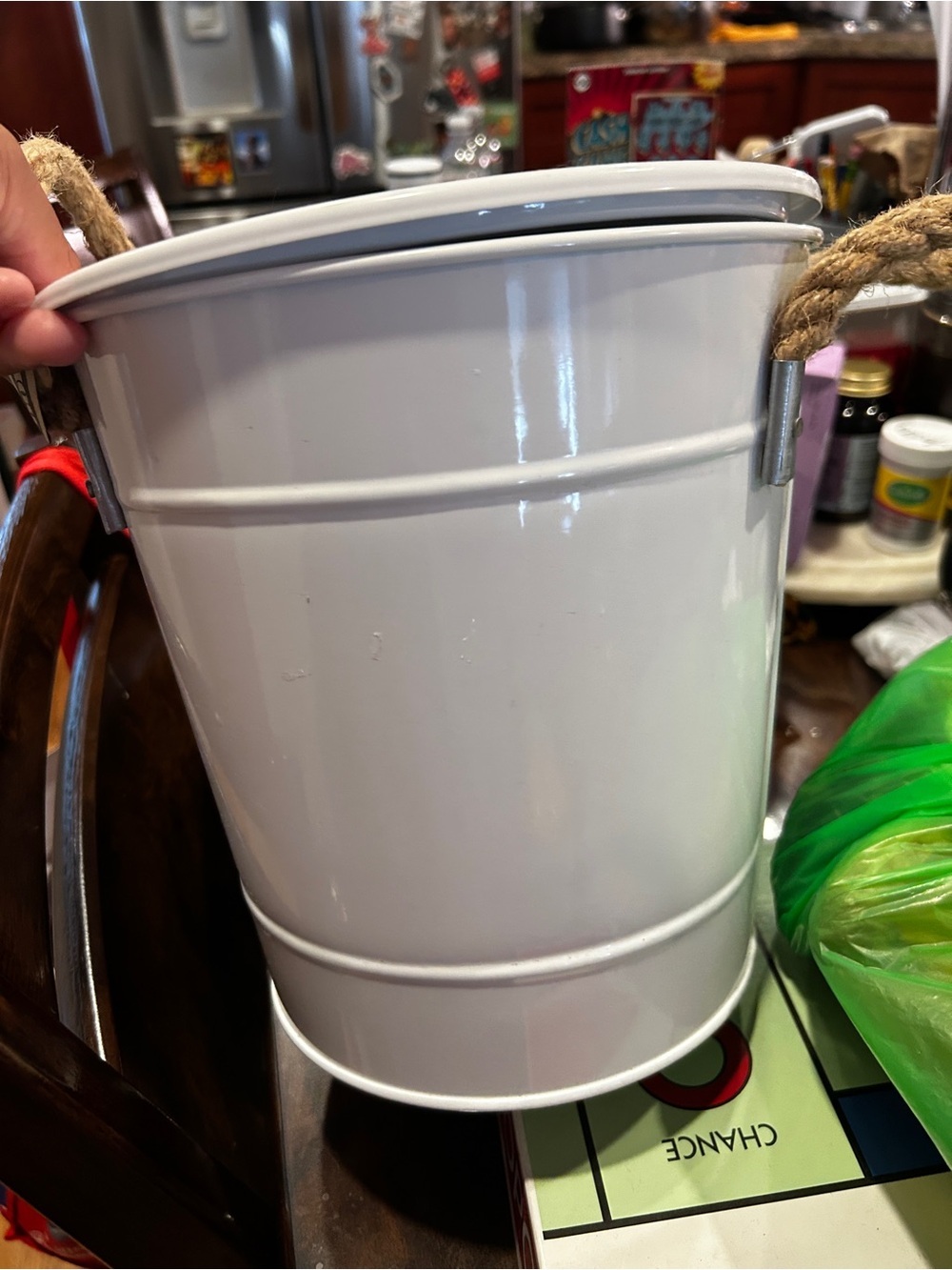 White Metal Decorative Pail with Rope Handle